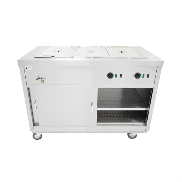 1200mm Hot Cupboard with Bain Marie Top – Stainless Steel, Wet or Dry Heat, Sliding Doors, Castors, 2.9kW