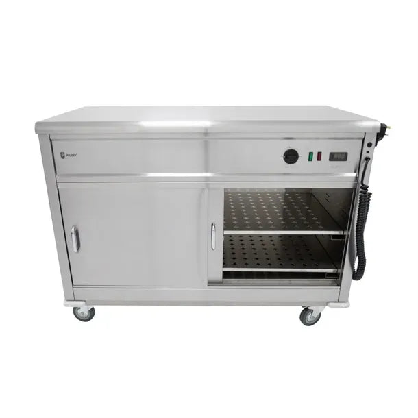 Mobile Flat Top Servery – 1200mm Stainless Steel, Heated Cupboard, Digital Control up to 80°C, Sliding Doors, Castors