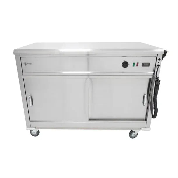 Mobile Flat Top Servery – 1200mm Stainless Steel, Heated Cupboard, Digital Control up to 80°C, Sliding Doors, Castors