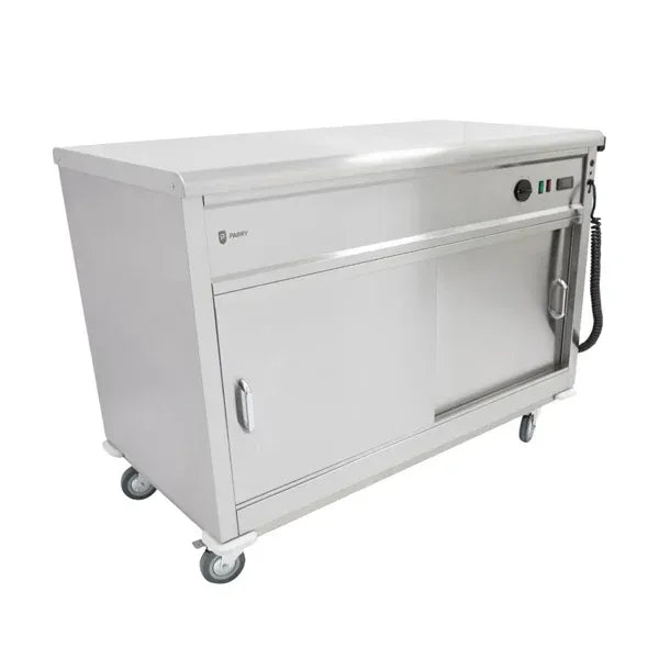 Mobile Flat Top Servery – 1200mm Stainless Steel, Heated Cupboard, Digital Control up to 80°C, Sliding Doors, Castors