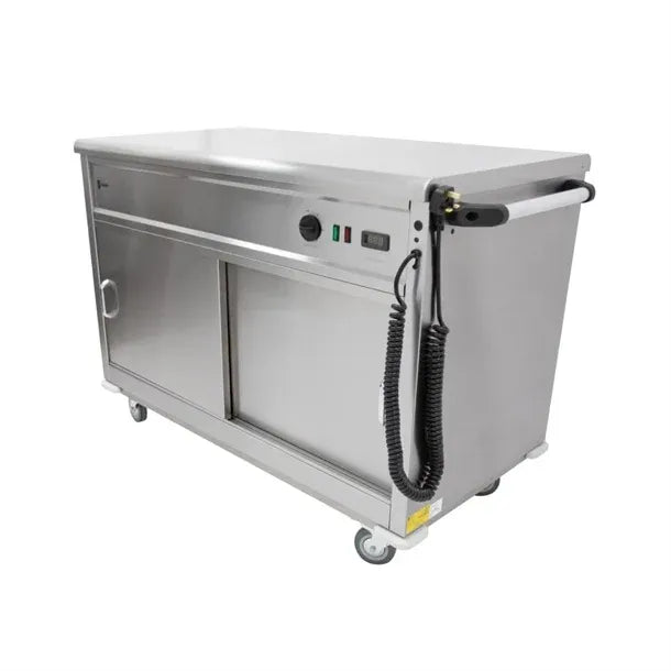 Mobile Flat Top Servery – 1200mm Stainless Steel, Heated Cupboard, Digital Control up to 80°C, Sliding Doors, Castors