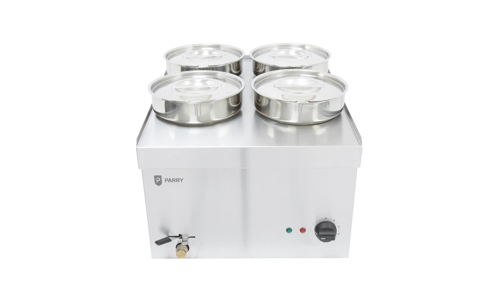 Electric Wet Bain Marie – 4 x 4L Stainless Steel Pots, Thermostat Control, Countertop, Drain Tap