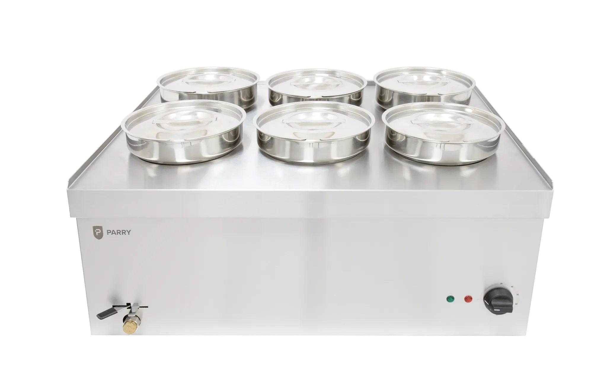 Electric Wet Bain Marie – 6 x 4L Stainless Steel Pots, Thermostat Control, Drain Tap, Countertop, 3kW