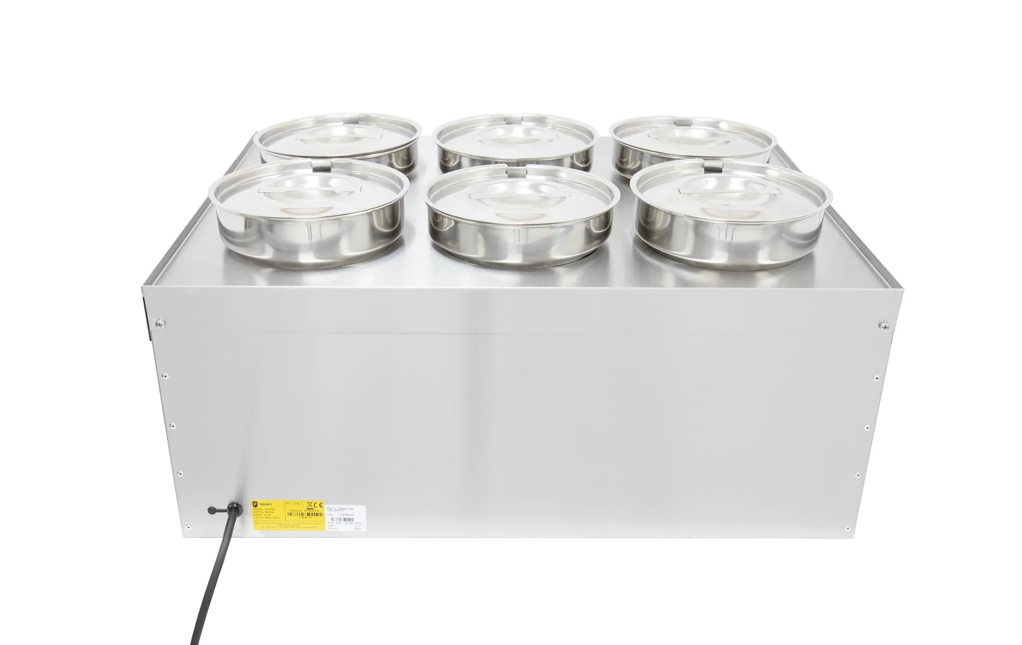 Electric Wet Bain Marie – 6 x 4L Stainless Steel Pots, Thermostat Control, Drain Tap, Countertop, 3kW