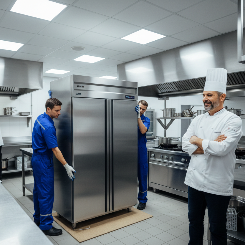 people installing a fridge in a commercial kitchen with head chef watching them with a smile on his face